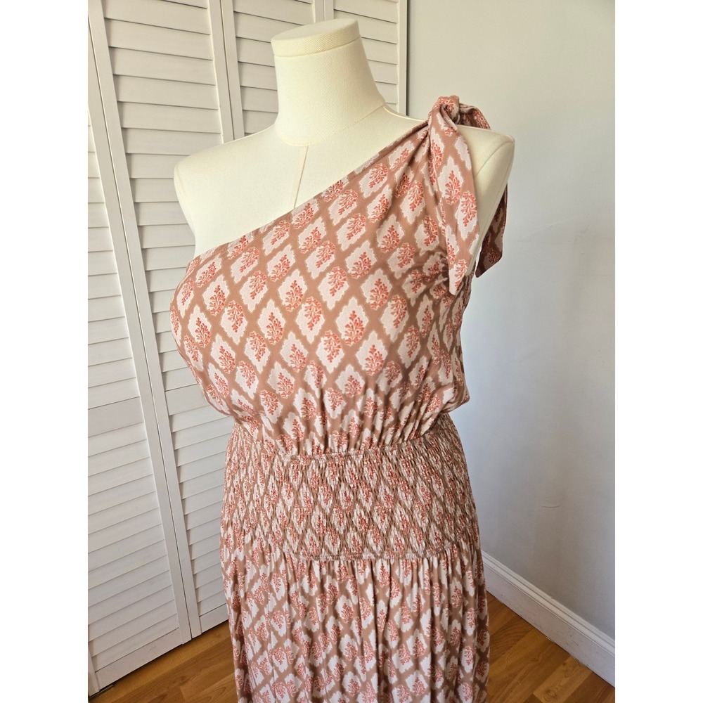 Cupshe Retro One-Shoulder Smocked Maxi Dress Brown Floral M Resort Boho Chic - Picture 3 of 10